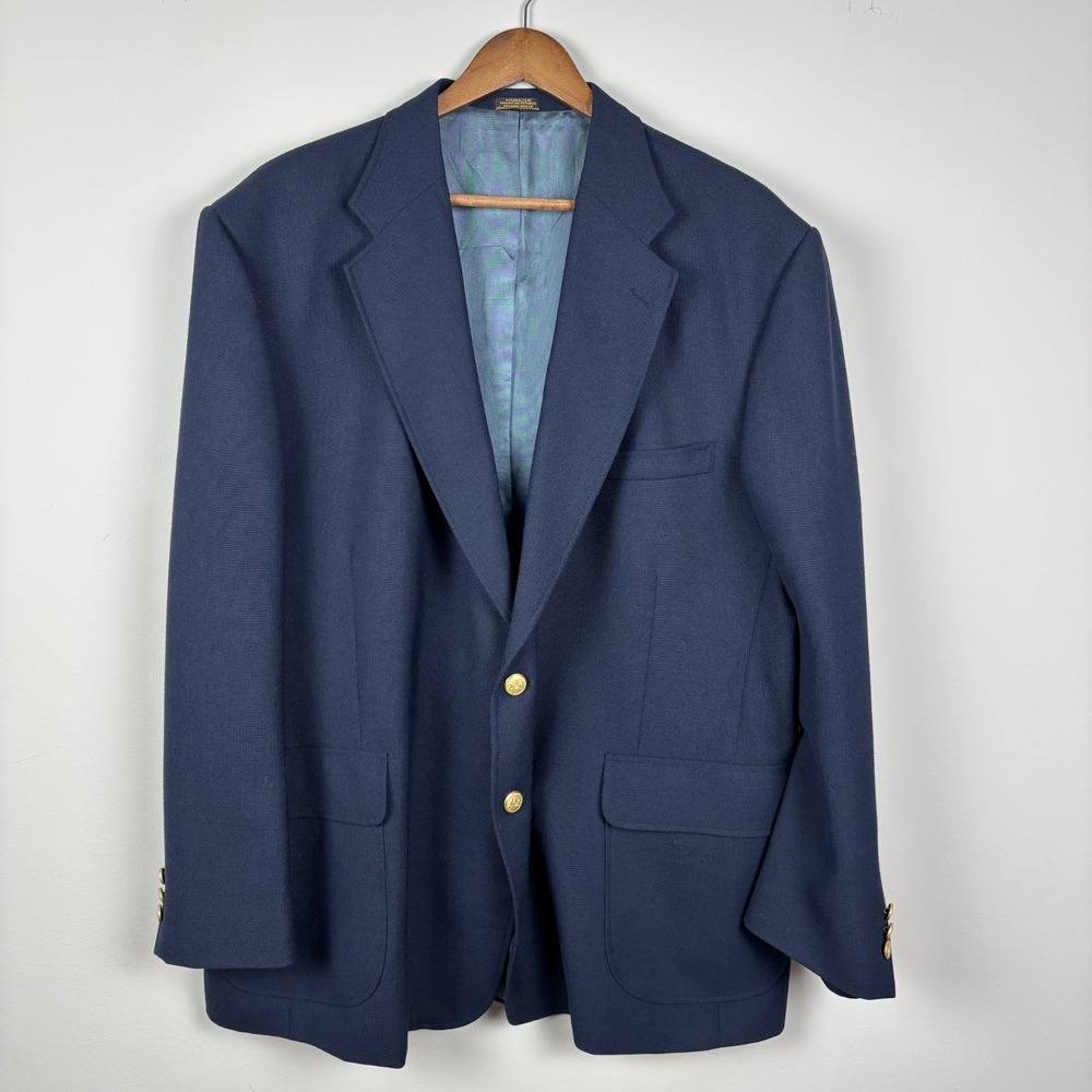 Stafford Sport Coat Blazer Jacket Mens 48R Wool Blend Blue Gold Buttons Business
